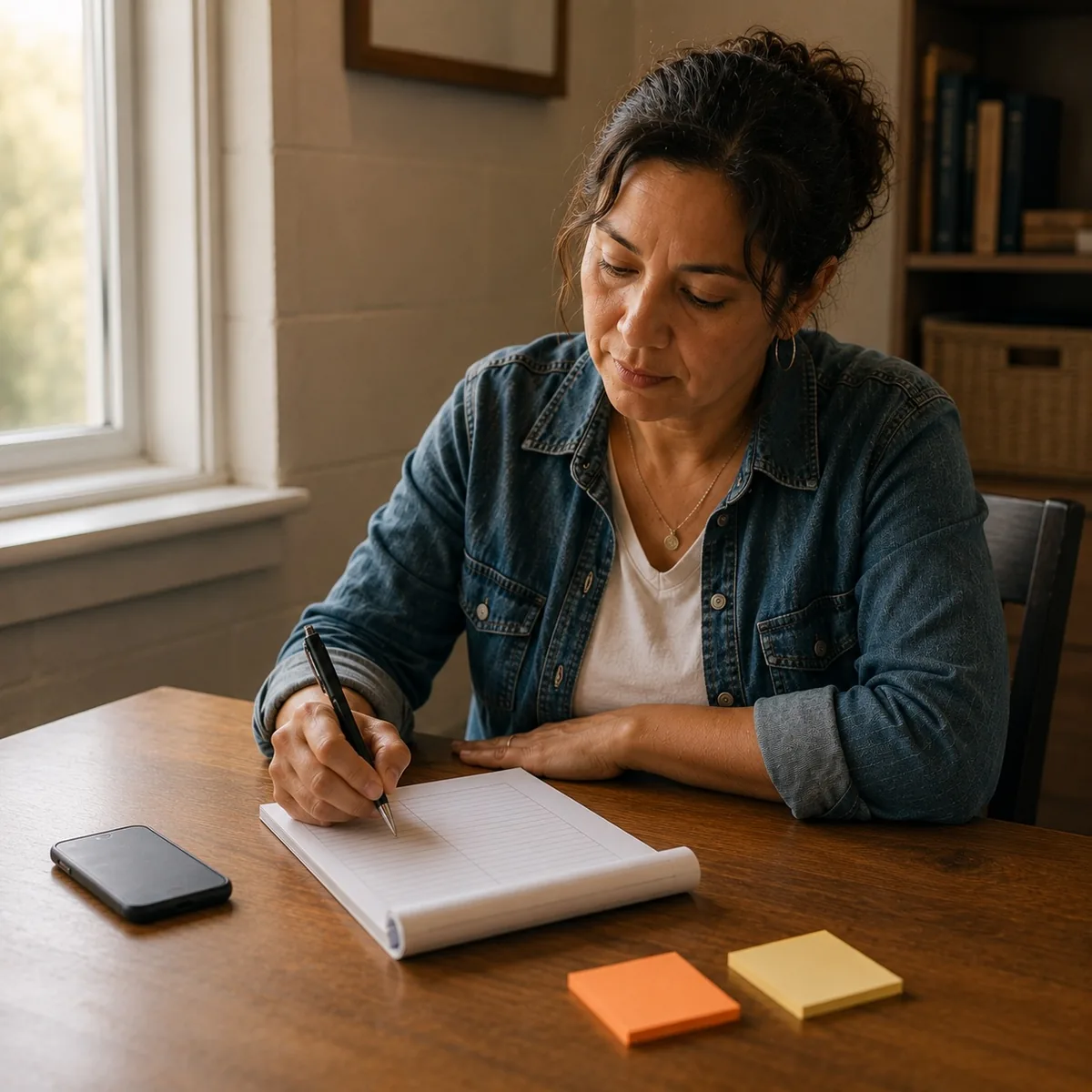 A woman writes in her workbook, weighing her options, during the Better Choices online decision-making program.