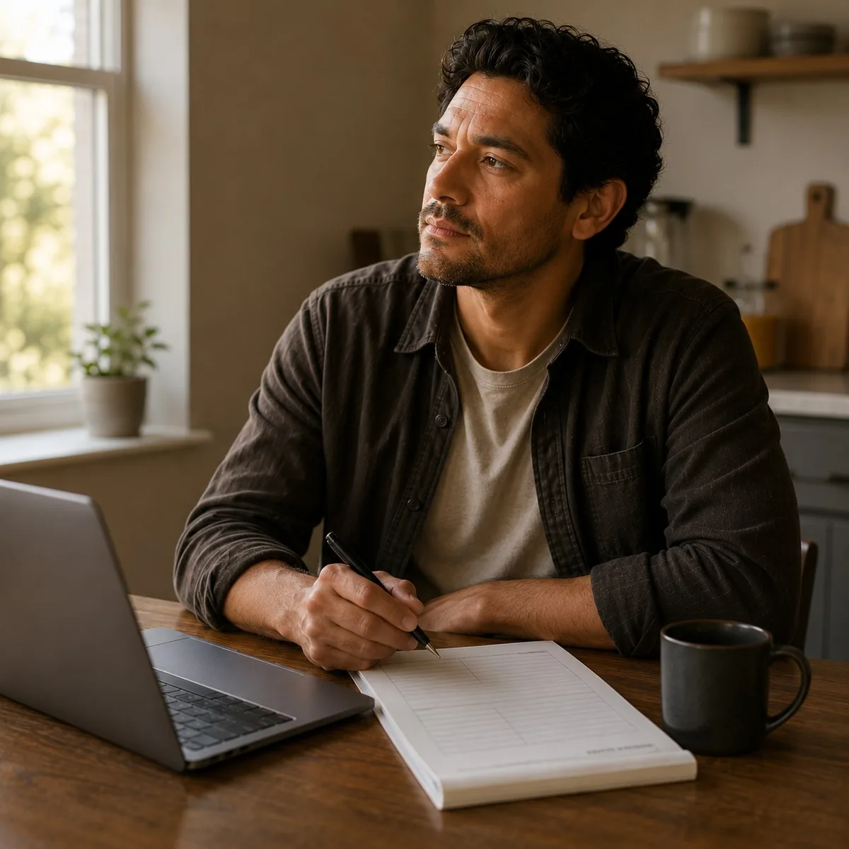 A man reflects at his kitchen table with a workbook and laptop while taking the Better Thinking cognitive-skills program online.