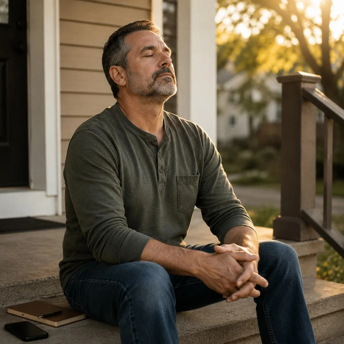 A man sits on his front porch taking a slow, steadying breath, the stress and self-care skills from Bouncing Back.