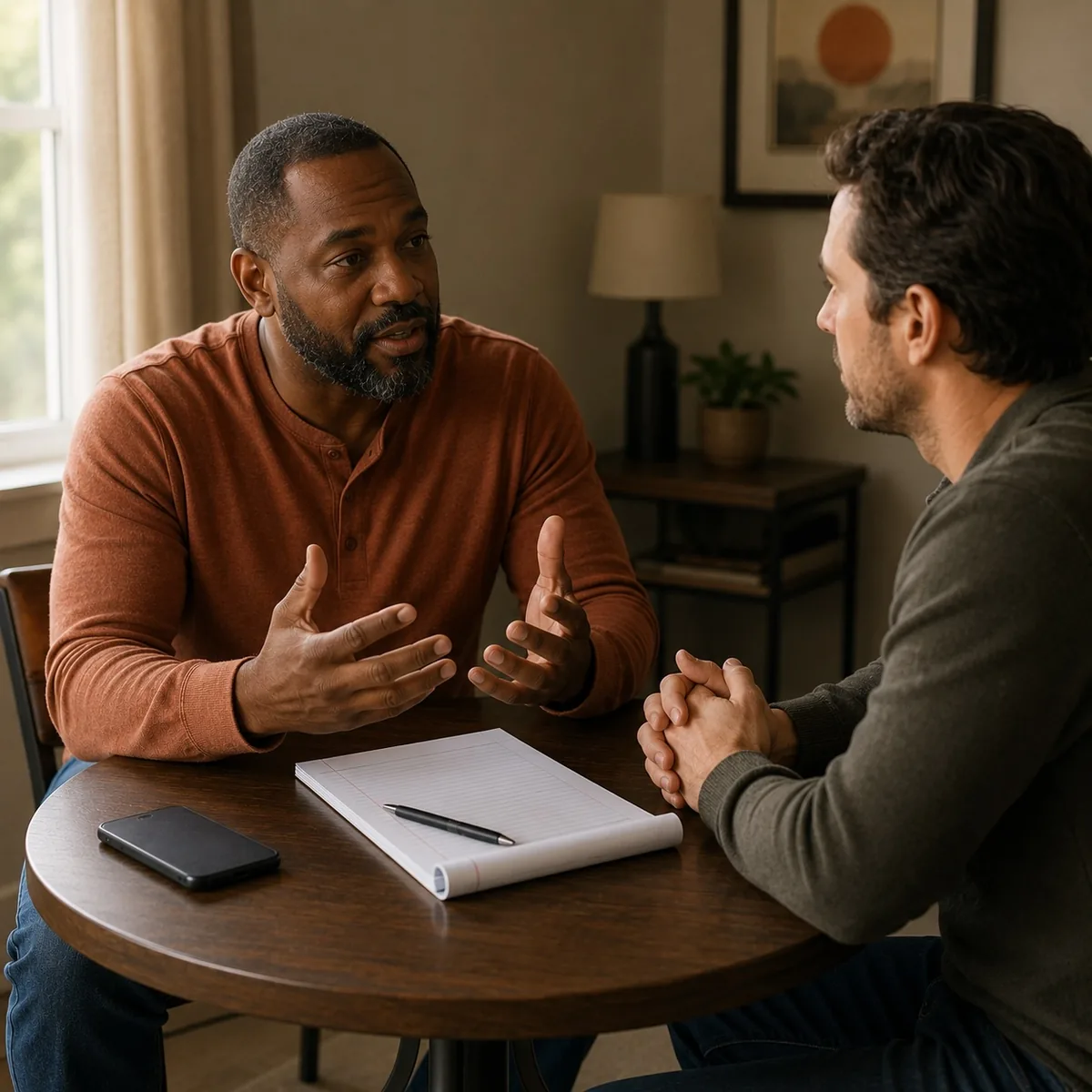 Two men have a calm, direct conversation, the assertive communication taught in the Speaking Up program.